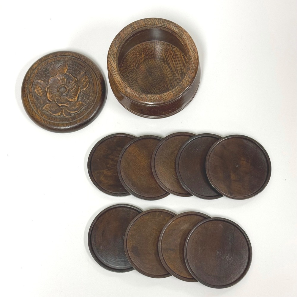 Vintage Hand Carved Round Wood Coaster Set of 9 with Floral Lidded Storage Box